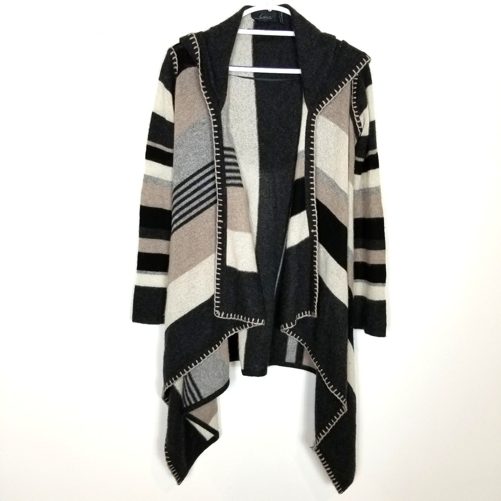 Line Women Cashmere Striped Hooded Cardigan Sweater Sz S Open Front Black Gray‎